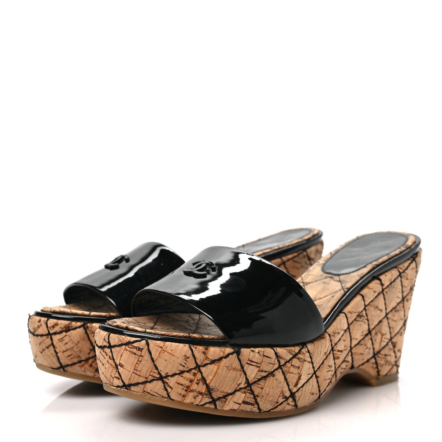 Patent Cork Quilted CC Wedge Mule Sandals 37 Black