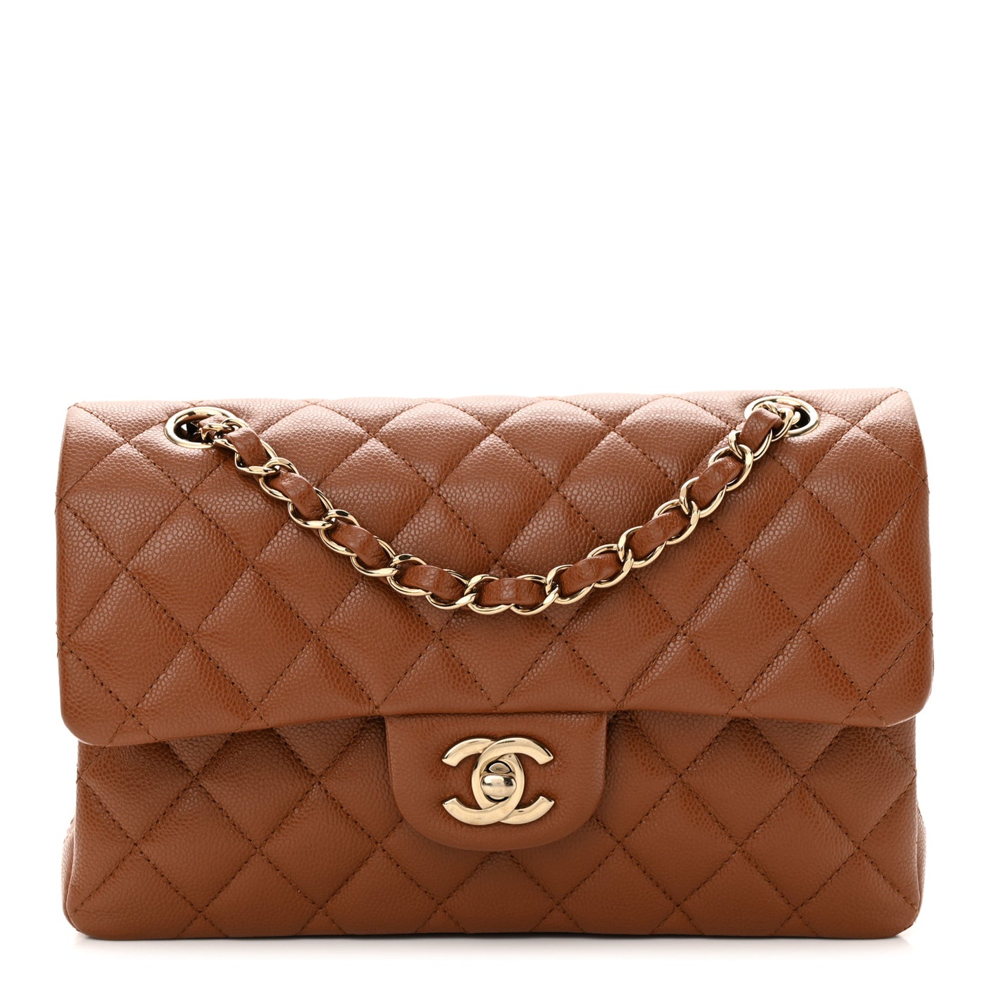 Caviar Quilted Small Double Flap Light Brown