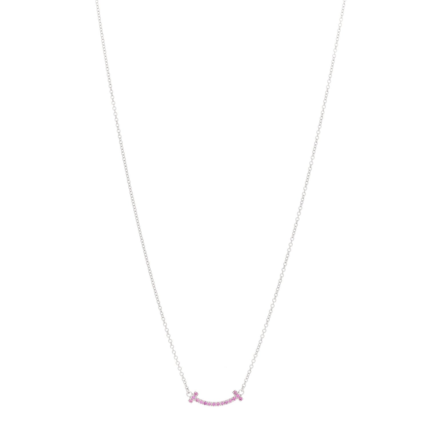 Tiffany 18K White Gold Pink Sapphire Mini T Smile Pendant Necklace 1 of 6