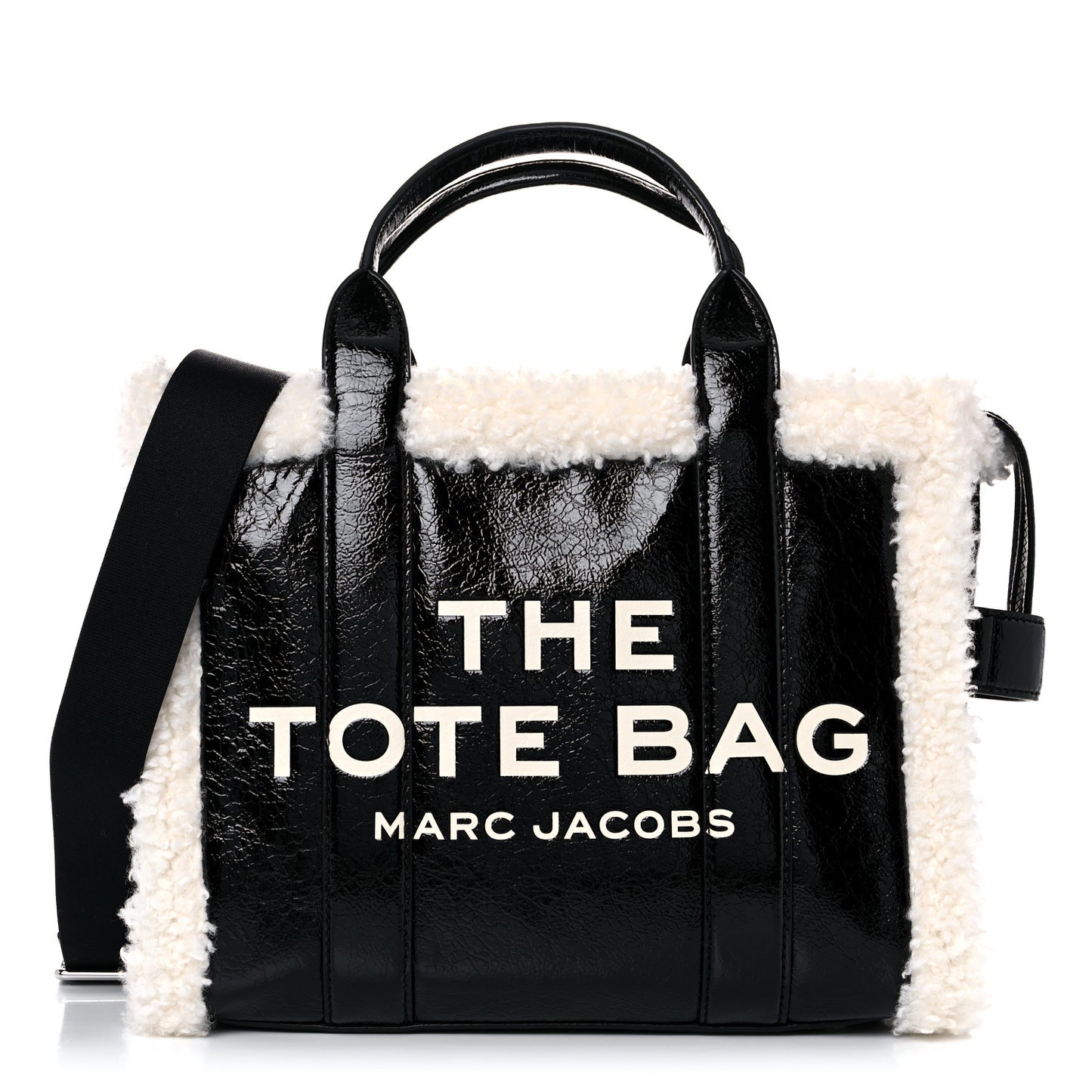 Shiny Calfskin Faux Shearling Small The Traveler Tote Bag Black