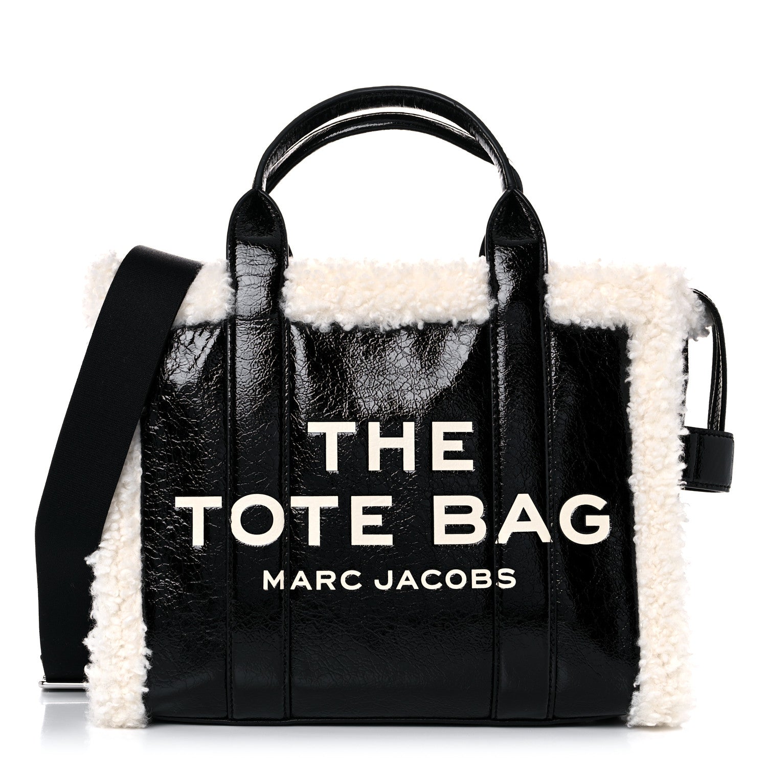Marc Jacobs Shiny Calfskin Faux Shearling Small The Traveler Tote Bag Black 1 of 8
