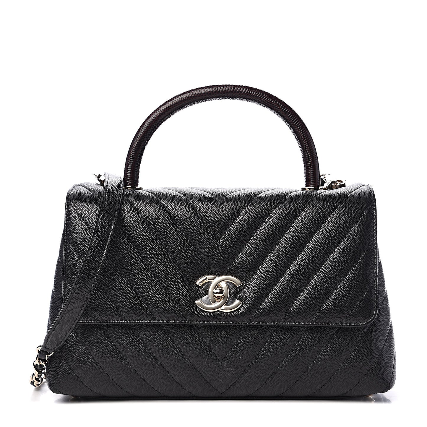 Caviar Lizard Embossed Quilted Chevron Small Coco Handle Flap Black