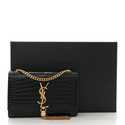 Saint Laurent Calfskin Crocodile Embossed Small Classic Monogram Kate Tassel Satchel Black 10 of 10