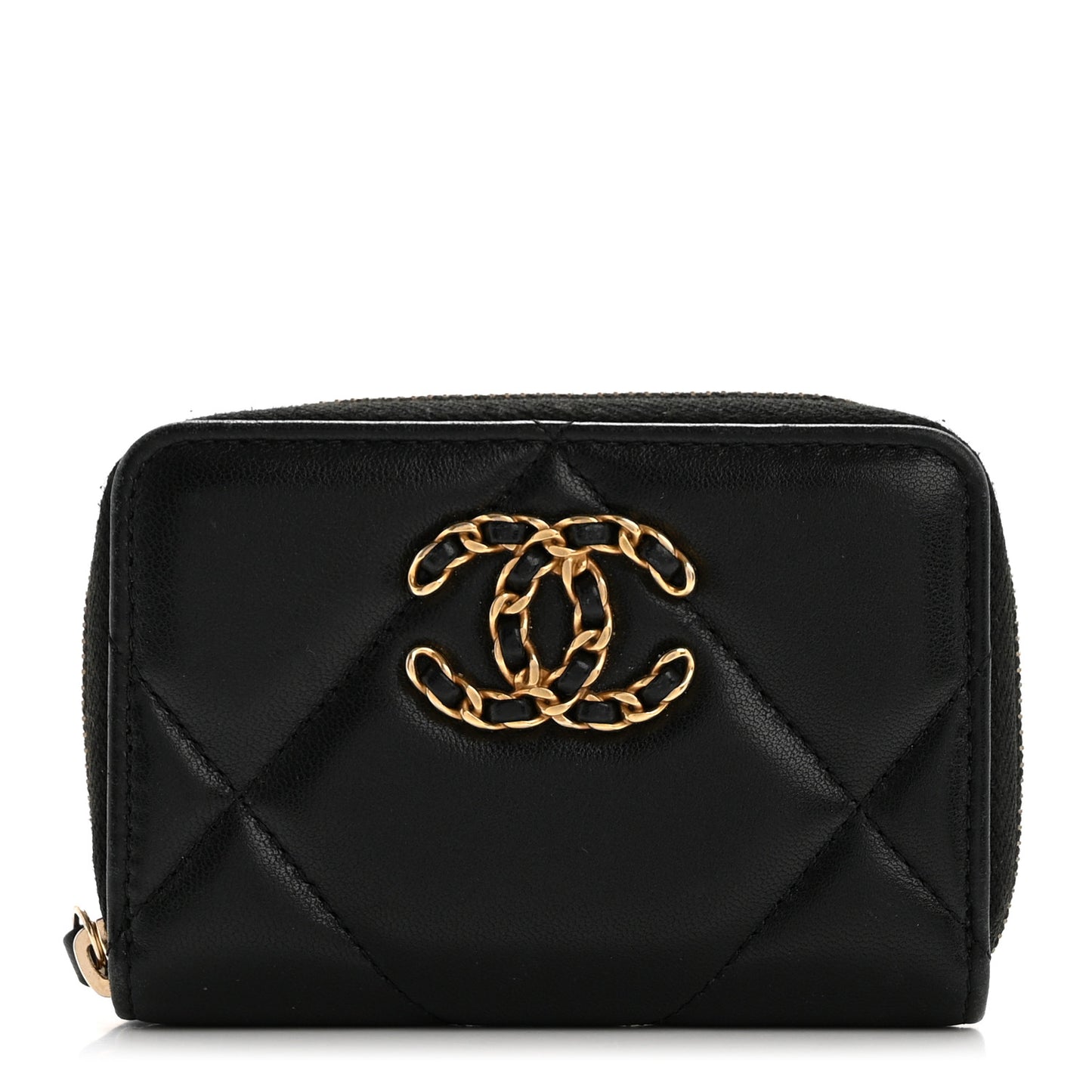 Lambskin Quilted Chanel 19 Zip Around Coin Purse Wallet Black