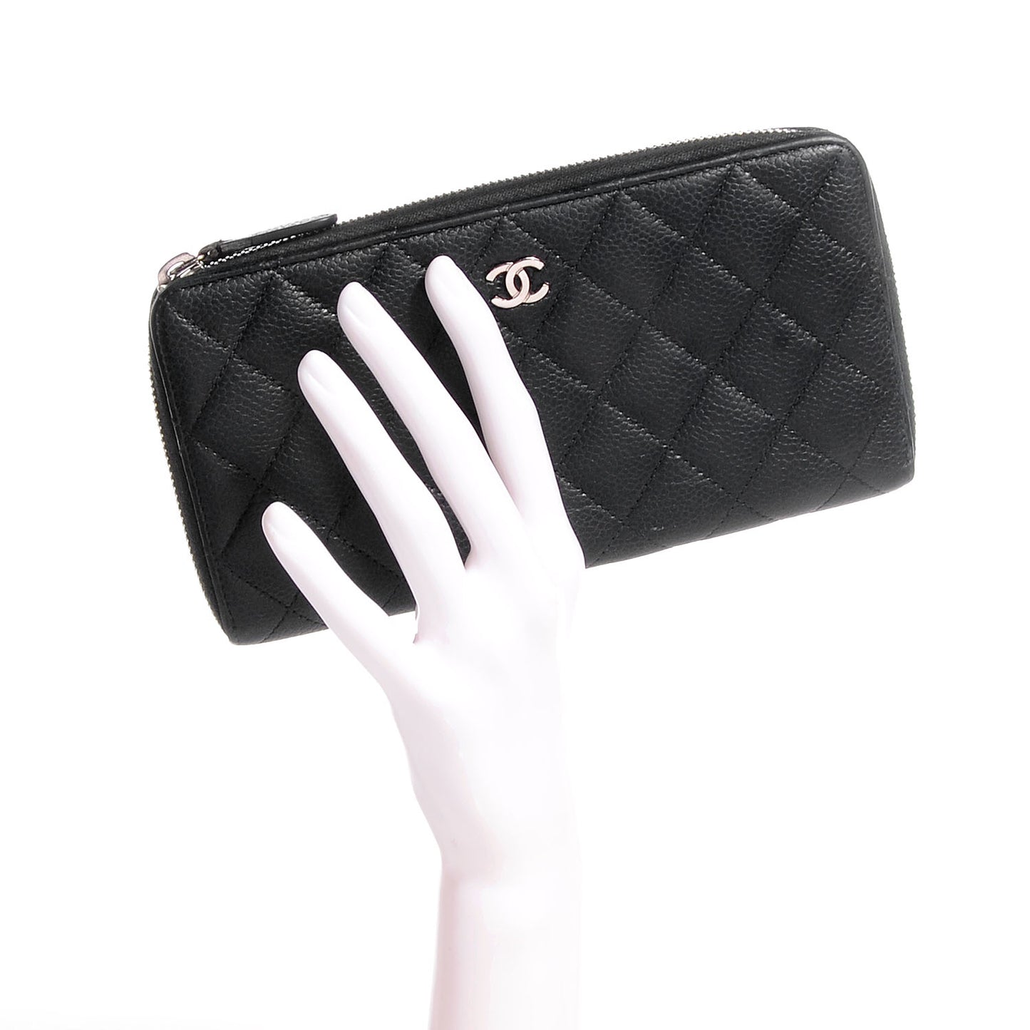 Iridescent Caviar Quilted Large Zip Around Wallet Black CC