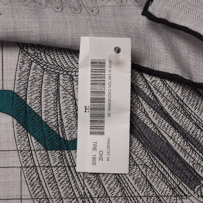 Hermes Cashmere Silk Imprimeur Fou Steeple Poste Shawl 140 Gris Clair Chine Anthracite Turquoise 6 of 6