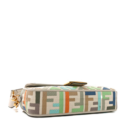 Fendi Canvas Vitello Seta FF Multicolor Embroidered Baguette Grezzo Multicolor Latte 4 of 10