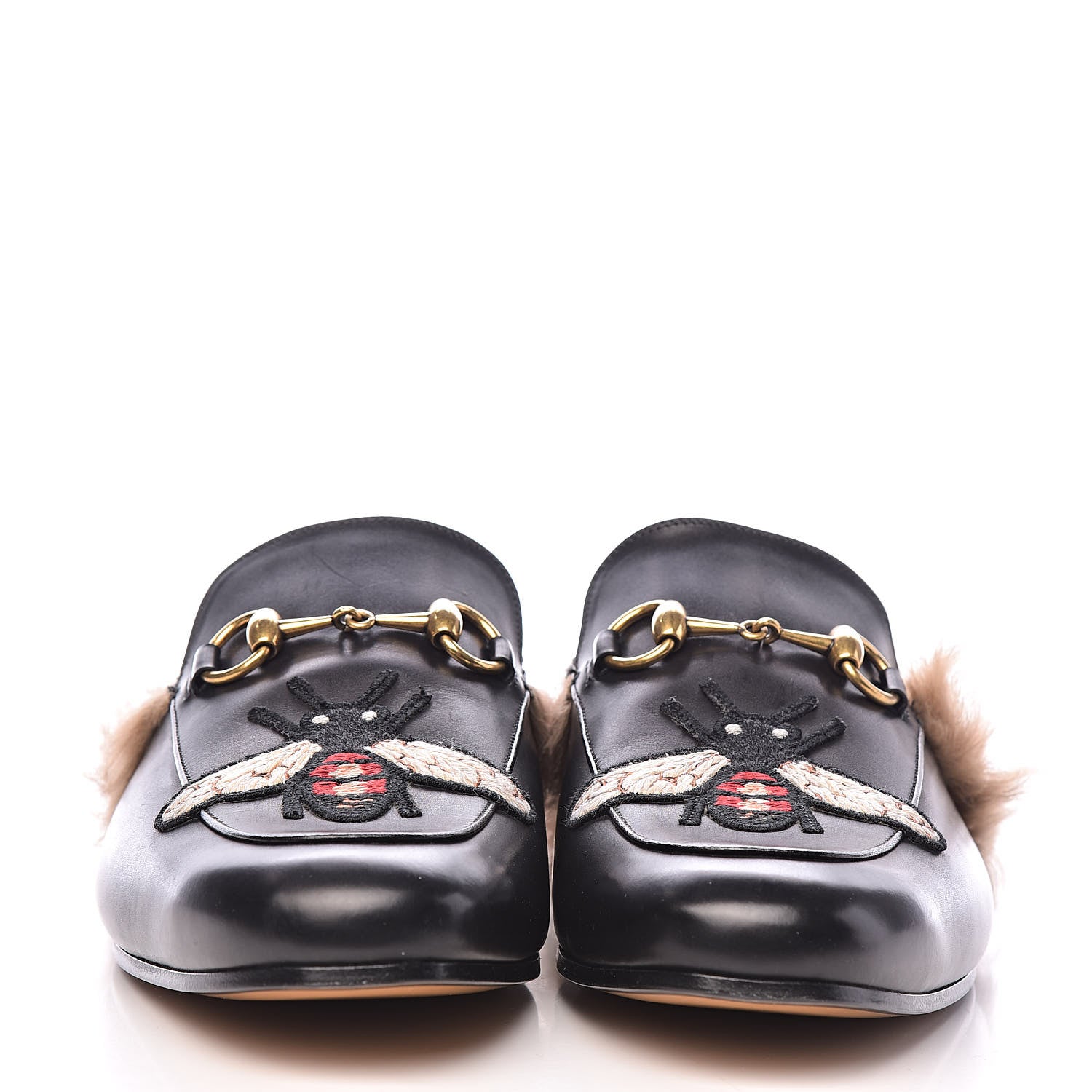 Gucci Calfskin Fur Bee Embroidered Mens Princetown Slippers 8 Black 2 of 9
