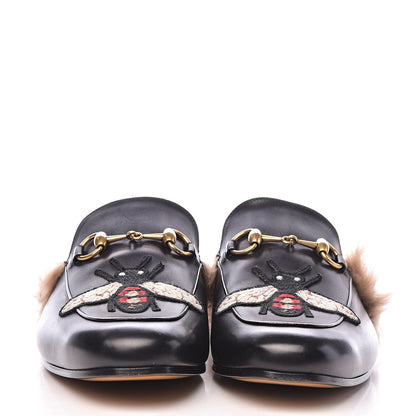 Gucci Calfskin Fur Bee Embroidered Mens Princetown Slippers 8 Black 2 of 9