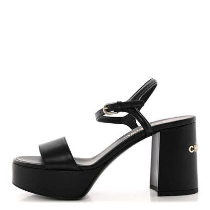 Chanel Lambskin Logo Platform Sandals 37.5 Black 1 of 11