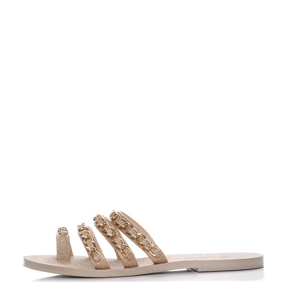Chanel Glitter Calfskin Chain Slide Flat Sandals 39.5 Gold 1 of 8