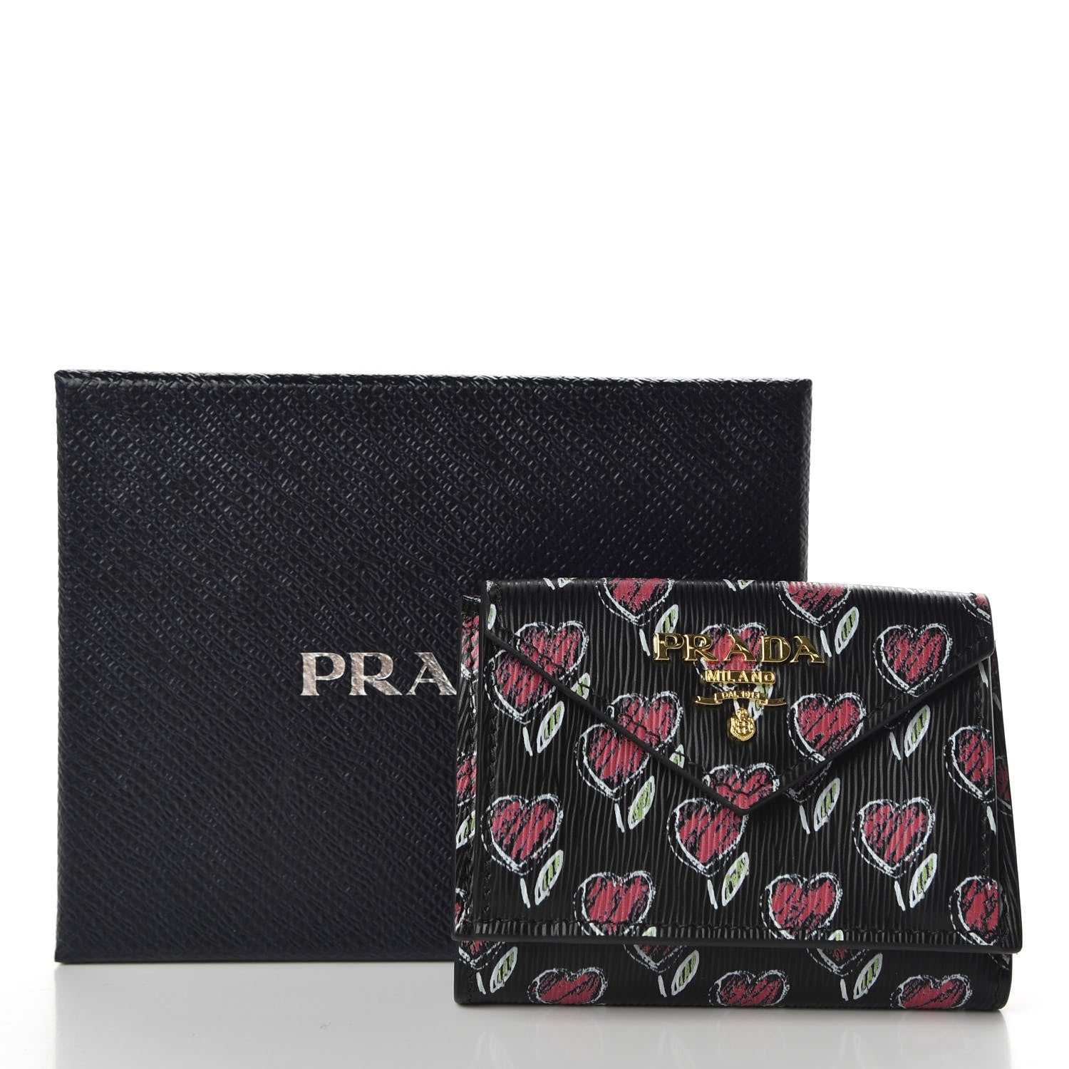 Prada Vitello Move Love Print Envelope Tri-Fold Wallet Black 7 of 7