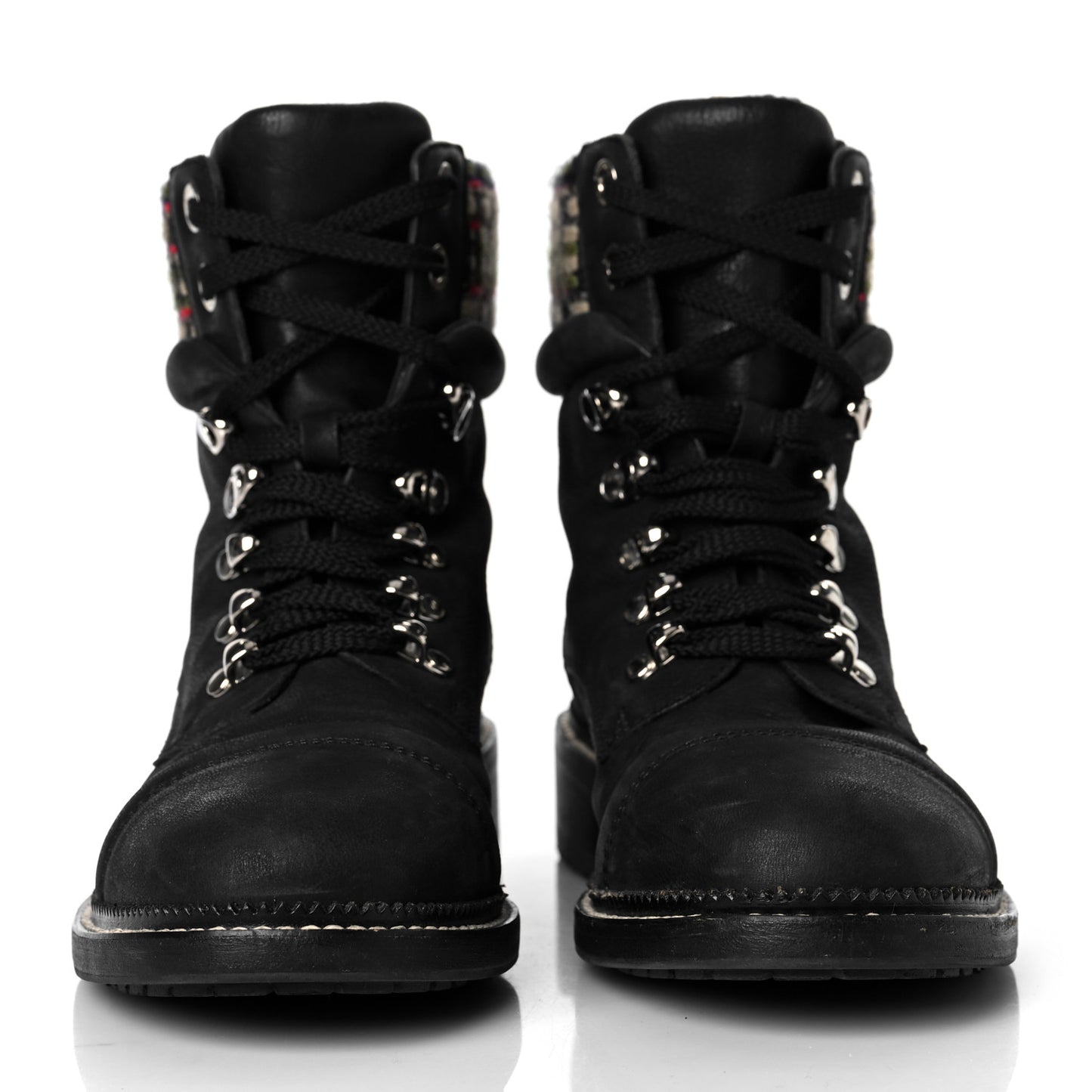 Calfskin Tweed Trim Lace Up Boots 39 Black Multicolor