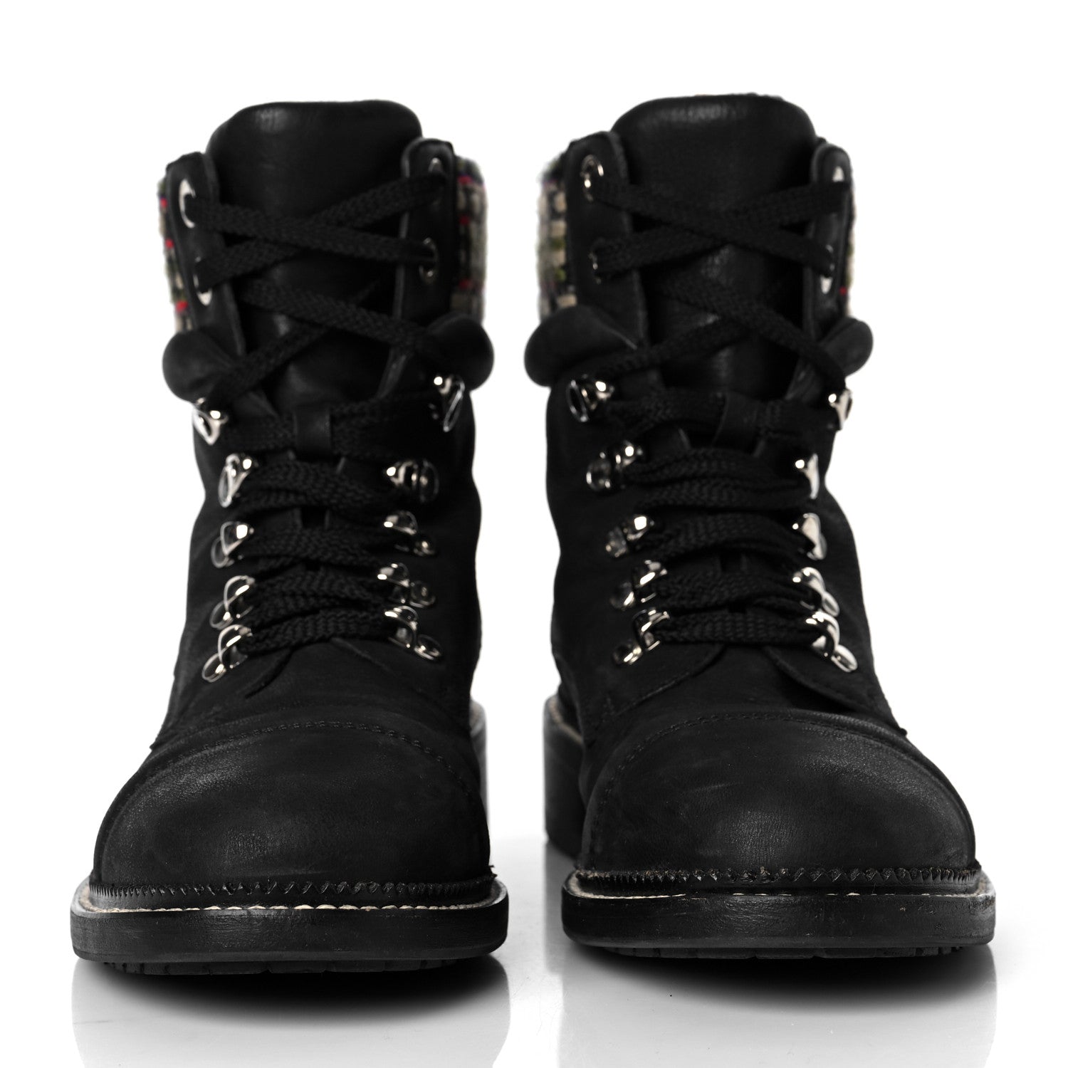 Chanel Calfskin Tweed Trim Lace Up Boots 39 Black Multicolor 2 of 7