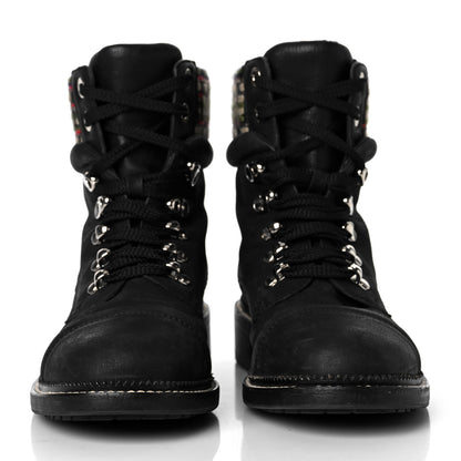 Chanel Calfskin Tweed Trim Lace Up Boots 39 Black Multicolor 2 of 7