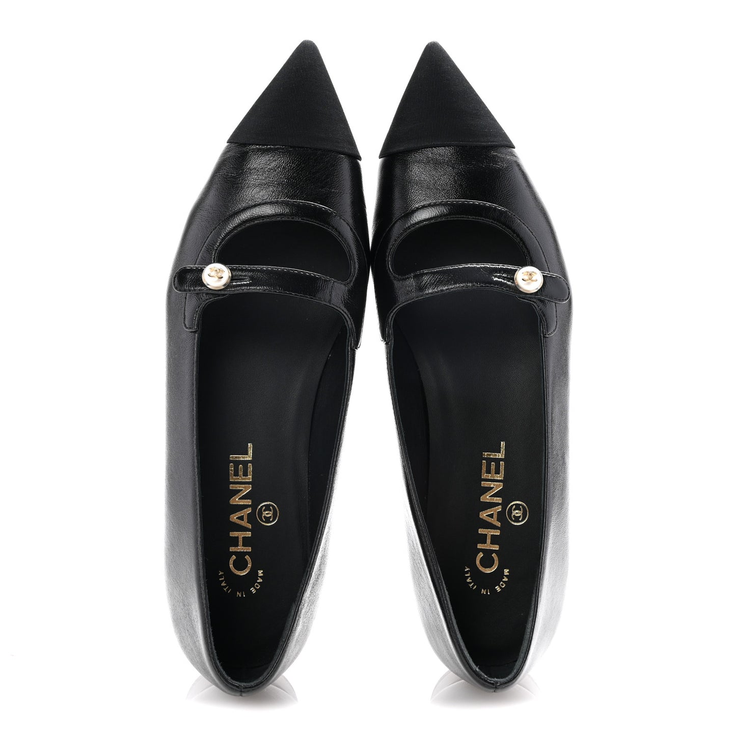 Shiny Lambskin Grosgrain Pearl Mary Jane Flats 39 Black