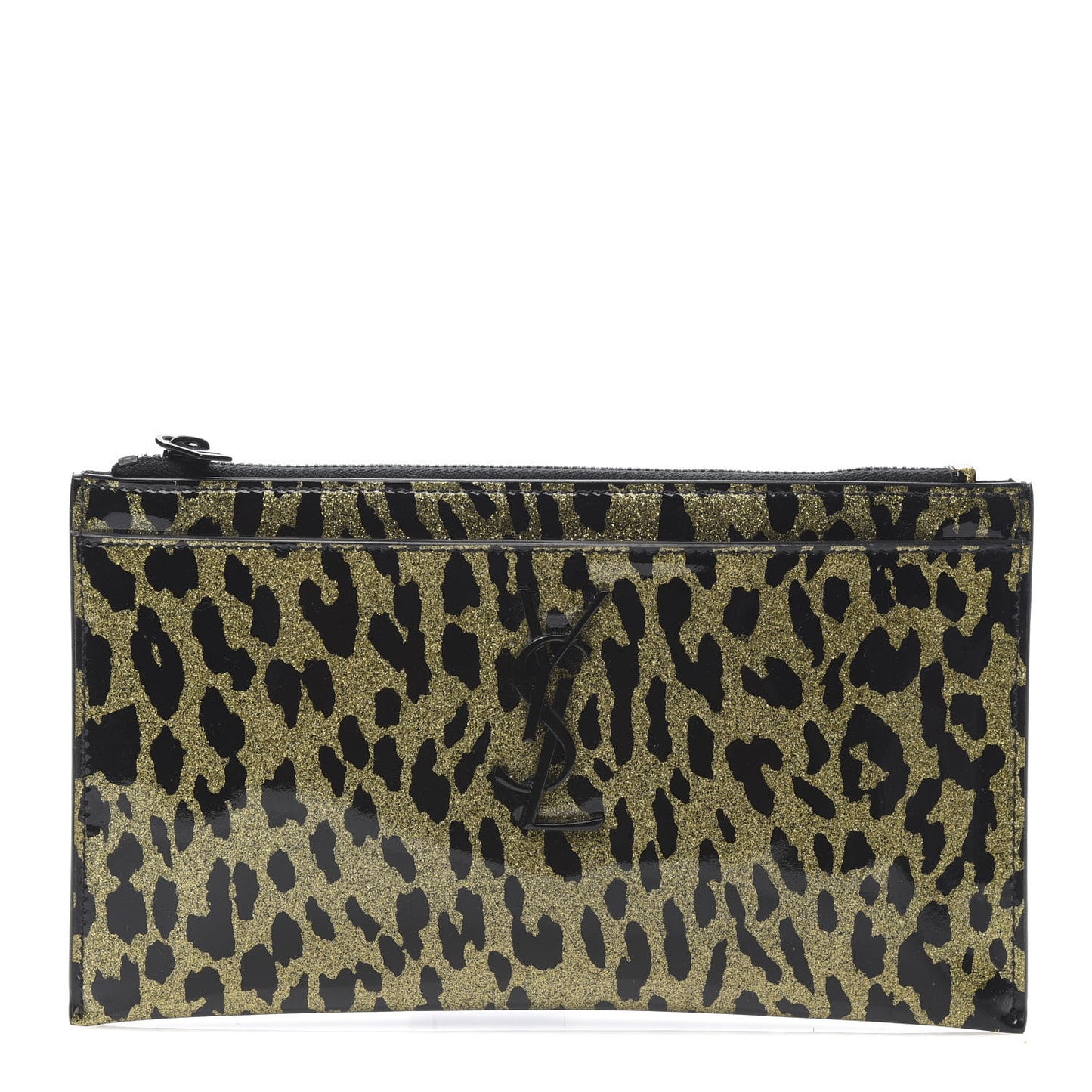 Patent Glitter Leopard Monogram Zip Pouch Gold Black