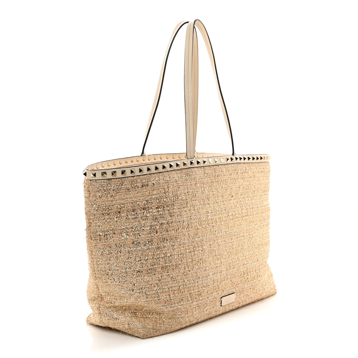 Metallic Boucle Raffia Calfskin Rockstud Shoulder Tote White Gold Ivory