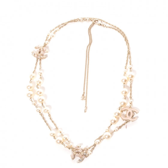 Crystal Pearl Enamel Camellia CC Long Necklace Gold