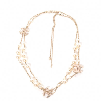 Chanel Crystal Pearl Enamel Camellia CC Long Necklace Gold 1 of 6