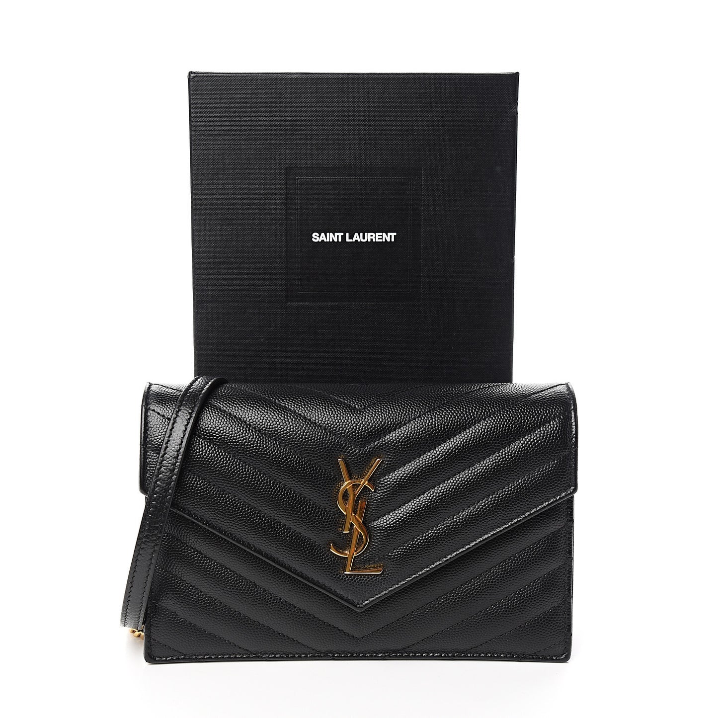 Grain De Poudre Matelasse Chevron Monogram Envelope Chain Wallet Black