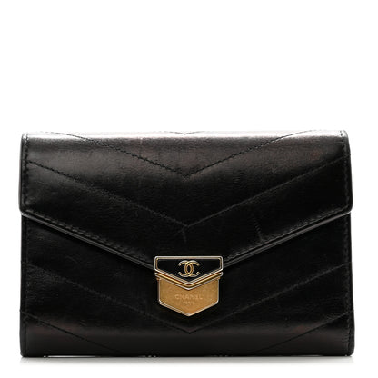 Chanel Calfskin Chevron Quilted Medal Flap Wallet Black 1 of 10