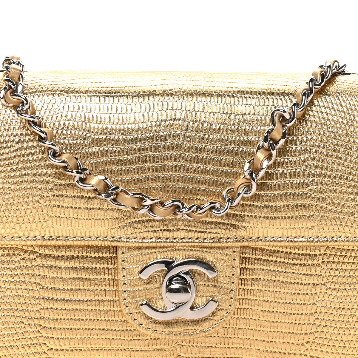 Chanel Metallic Calfskin Lizard Embossed Small East West Flap Gold 8 of 10