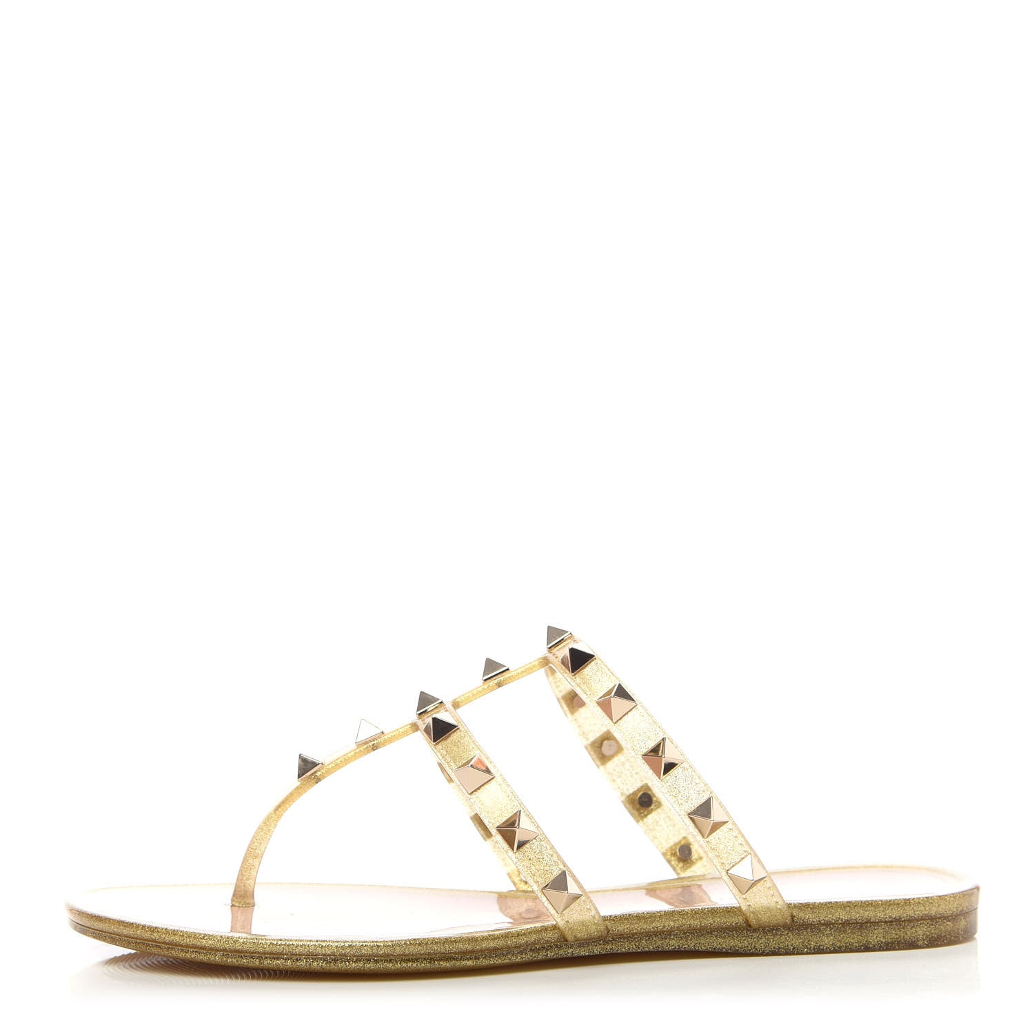 Valentino Garavani PVC Jelly Glitter Rockstud Caged Flat Thong Sandals 35 Oro 1 of 8