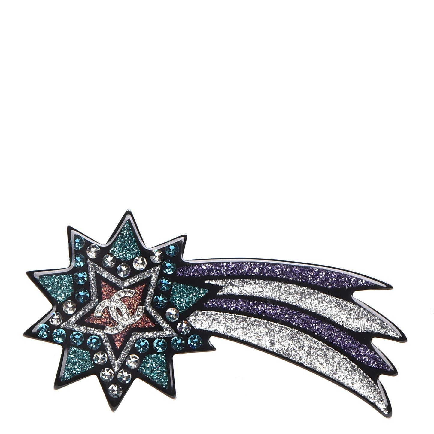 Glittered Resin Strass Shooting Star Brooch Silver Purple Green