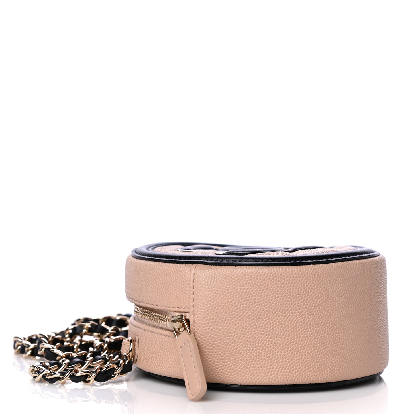 Caviar Quilted Round Filigree Crossbody Beige Black