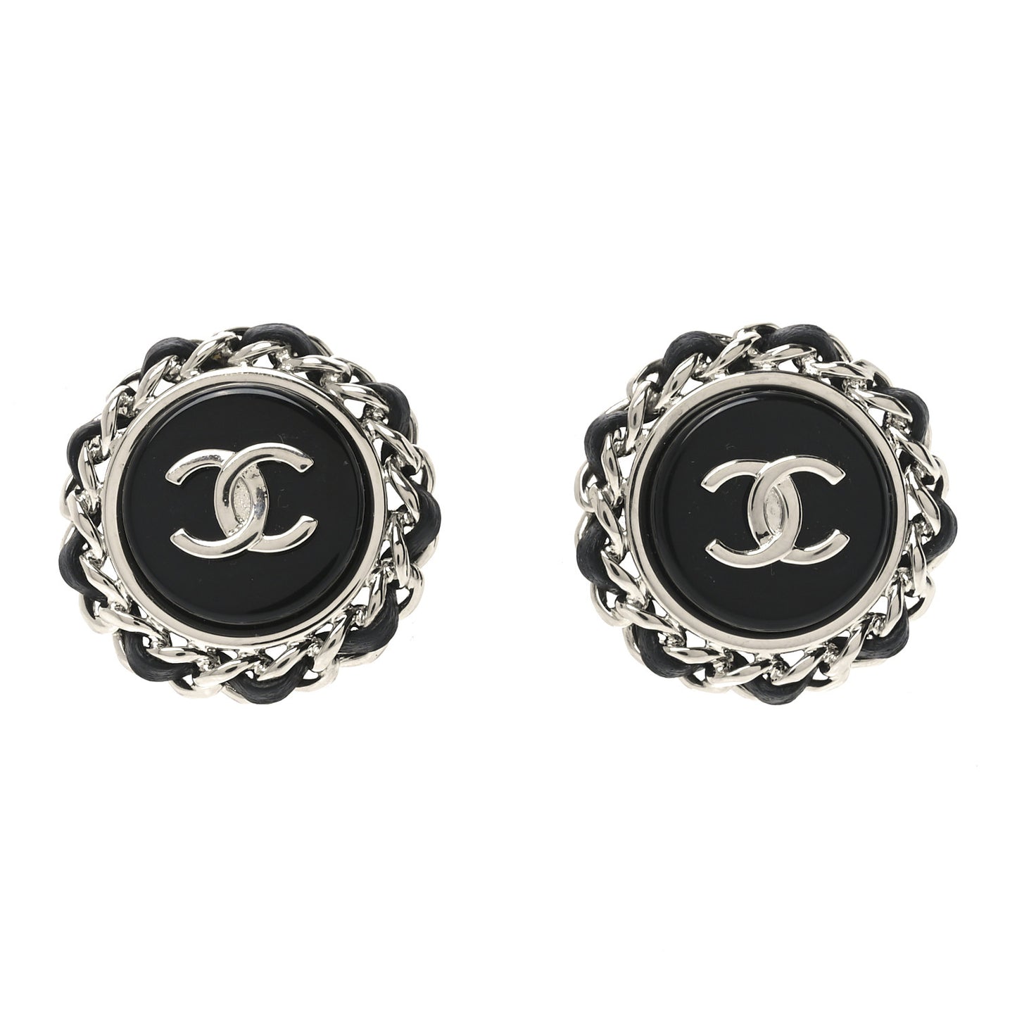 Metal Enamel Lambskin CC Round Earrings Black Silver