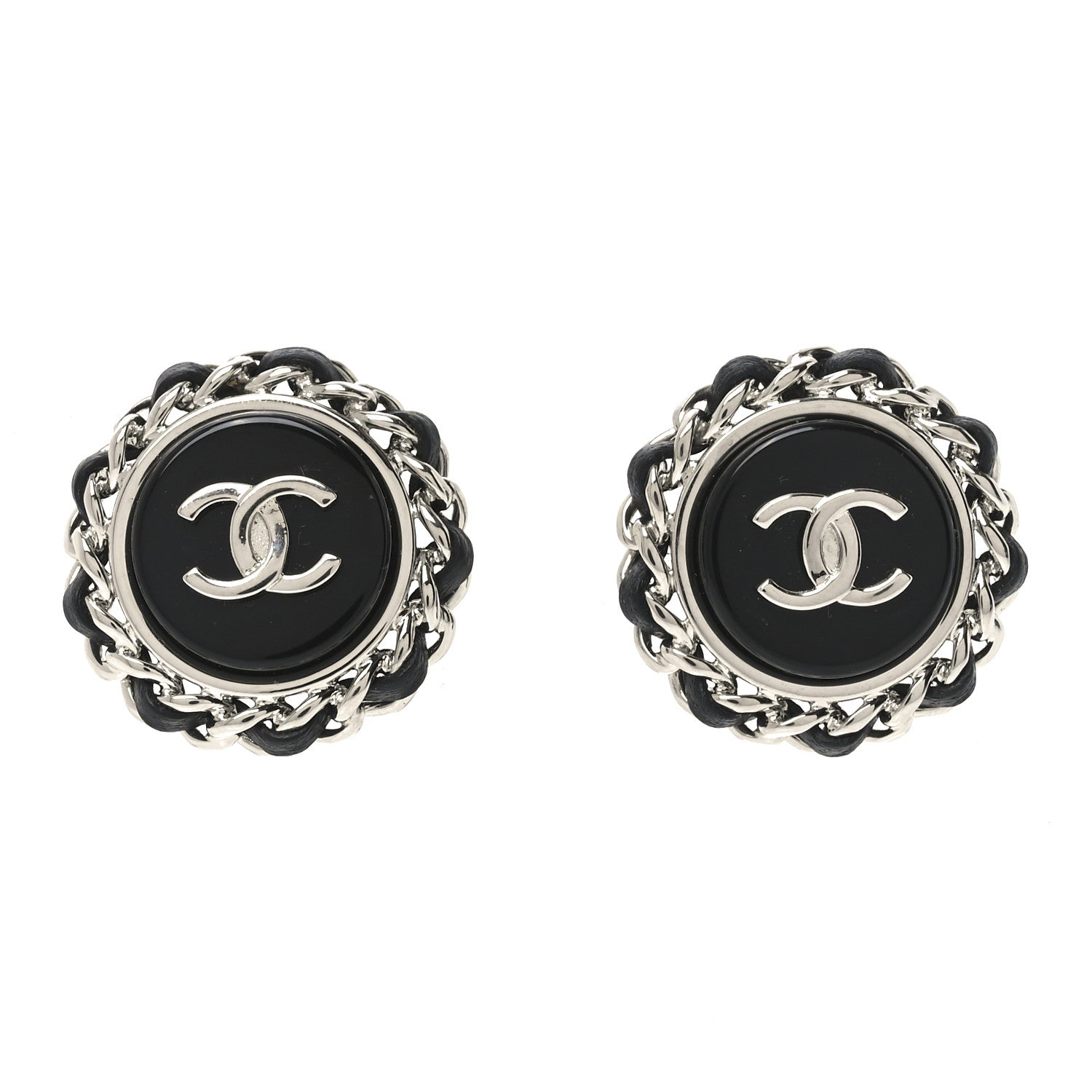 Chanel Metal Enamel Lambskin CC Round Earrings Black Silver 1 of 4