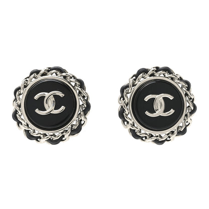 Chanel Metal Enamel Lambskin CC Round Earrings Black Silver 1 of 4