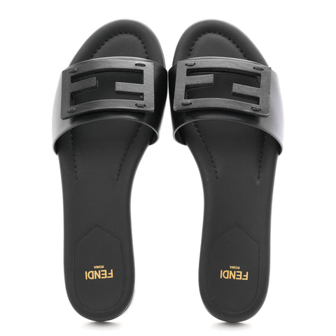 Vitello Cuoio Baguette Flat Slide Sandals 37 Black