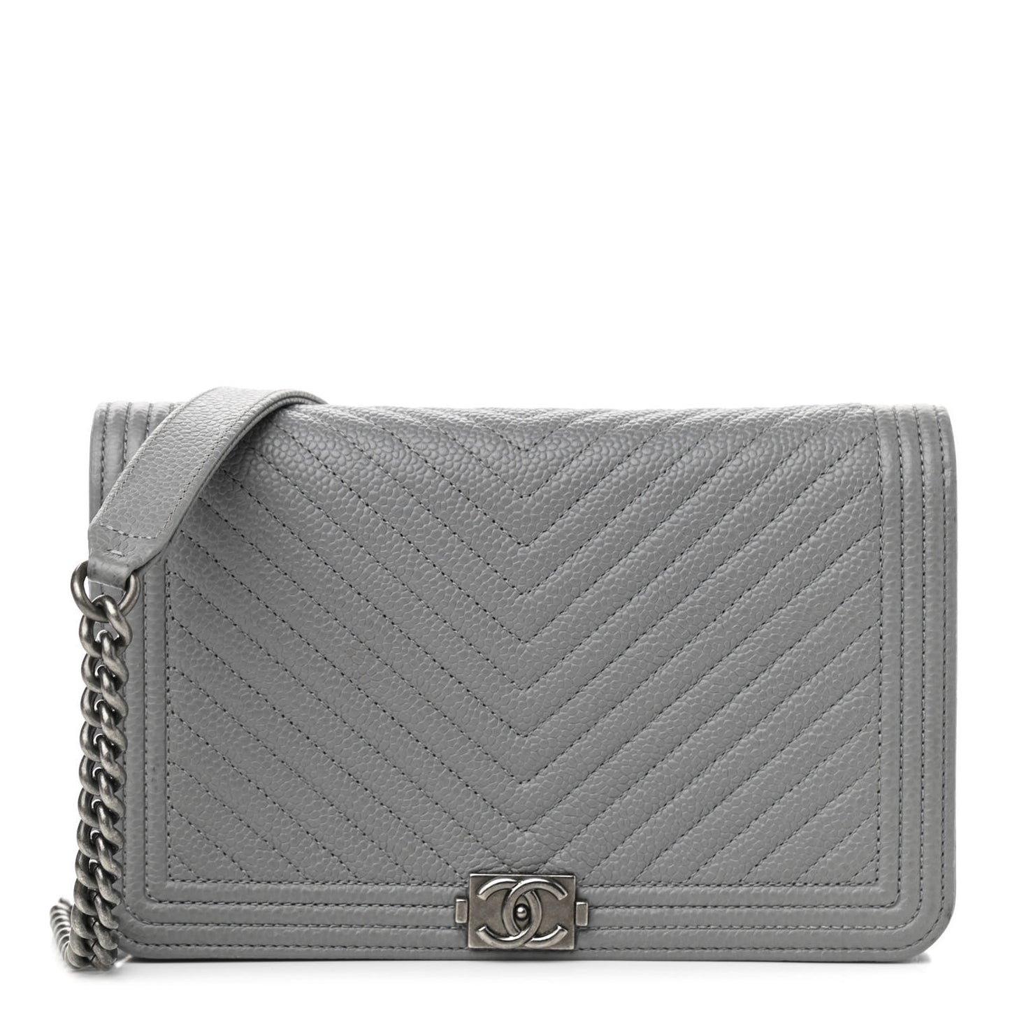 Caviar Chevron Quilted Boy Wallet On Chain WOC Grey