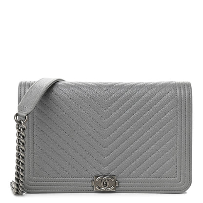 Chanel Caviar Chevron Quilted Boy Wallet On Chain WOC Grey 1 of 12