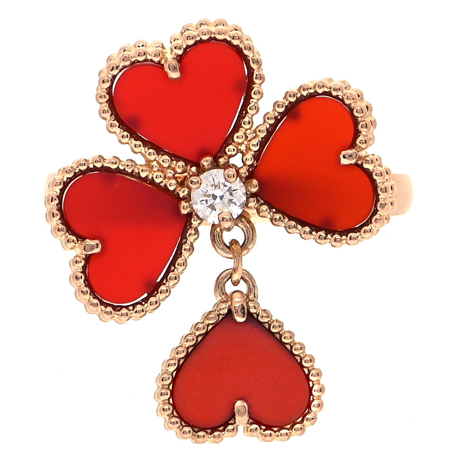 Van Cleef & Arpels 18K Yellow Gold Diamond Carnelian Sweet Alhambra Effeuillage Ring 53 6.5 1 of 5