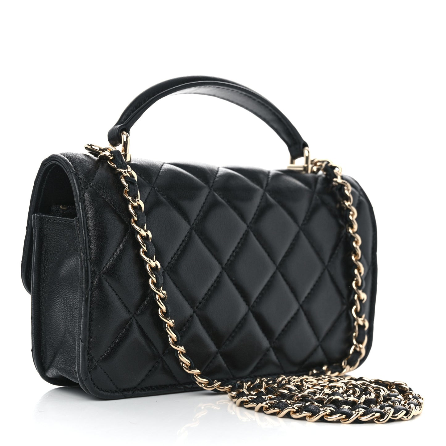 Lambskin Quilted Flap Phone Holder With Chain Black