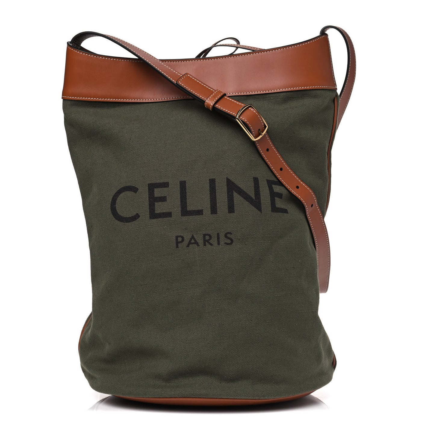 Canvas Smooth Calfskin Medium Bucket Bag Khaki Tan