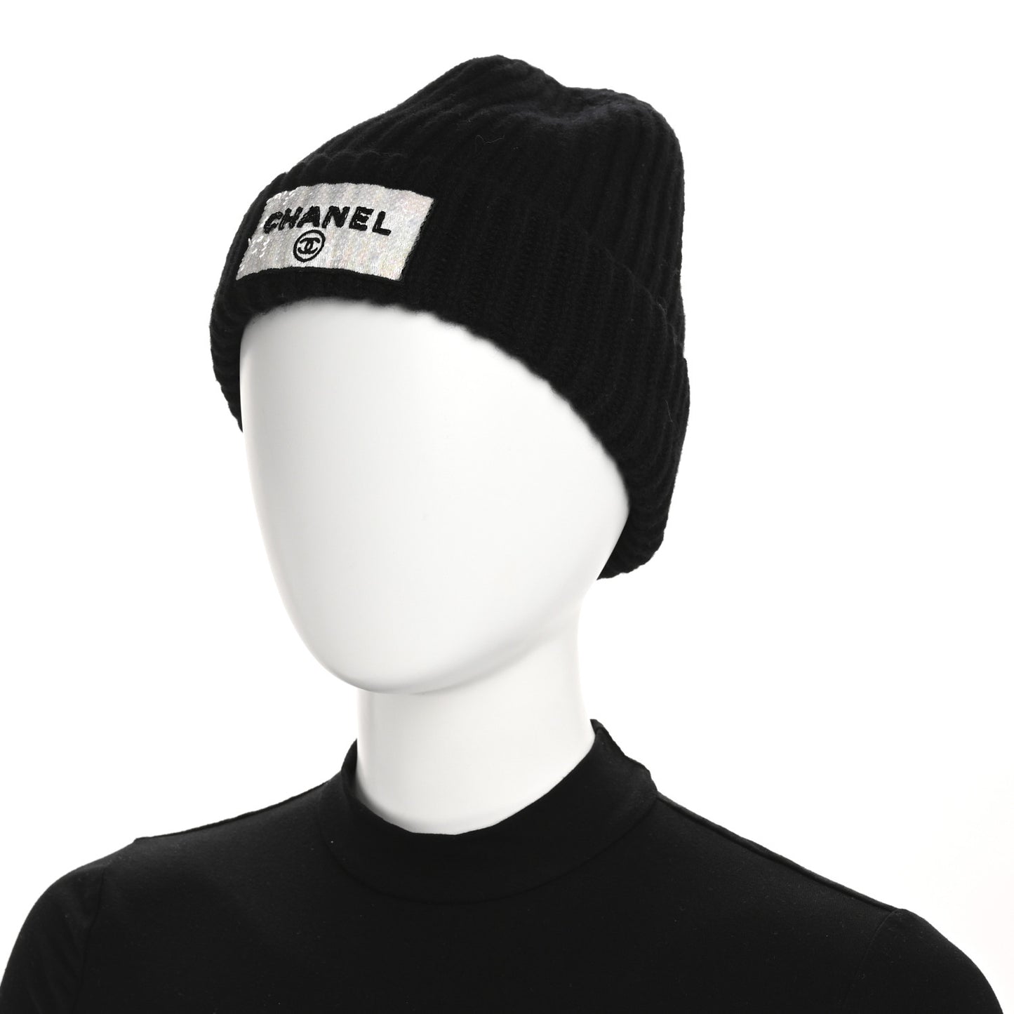 Cashmere Beaded Sequin Logo Beanie Hat Black
