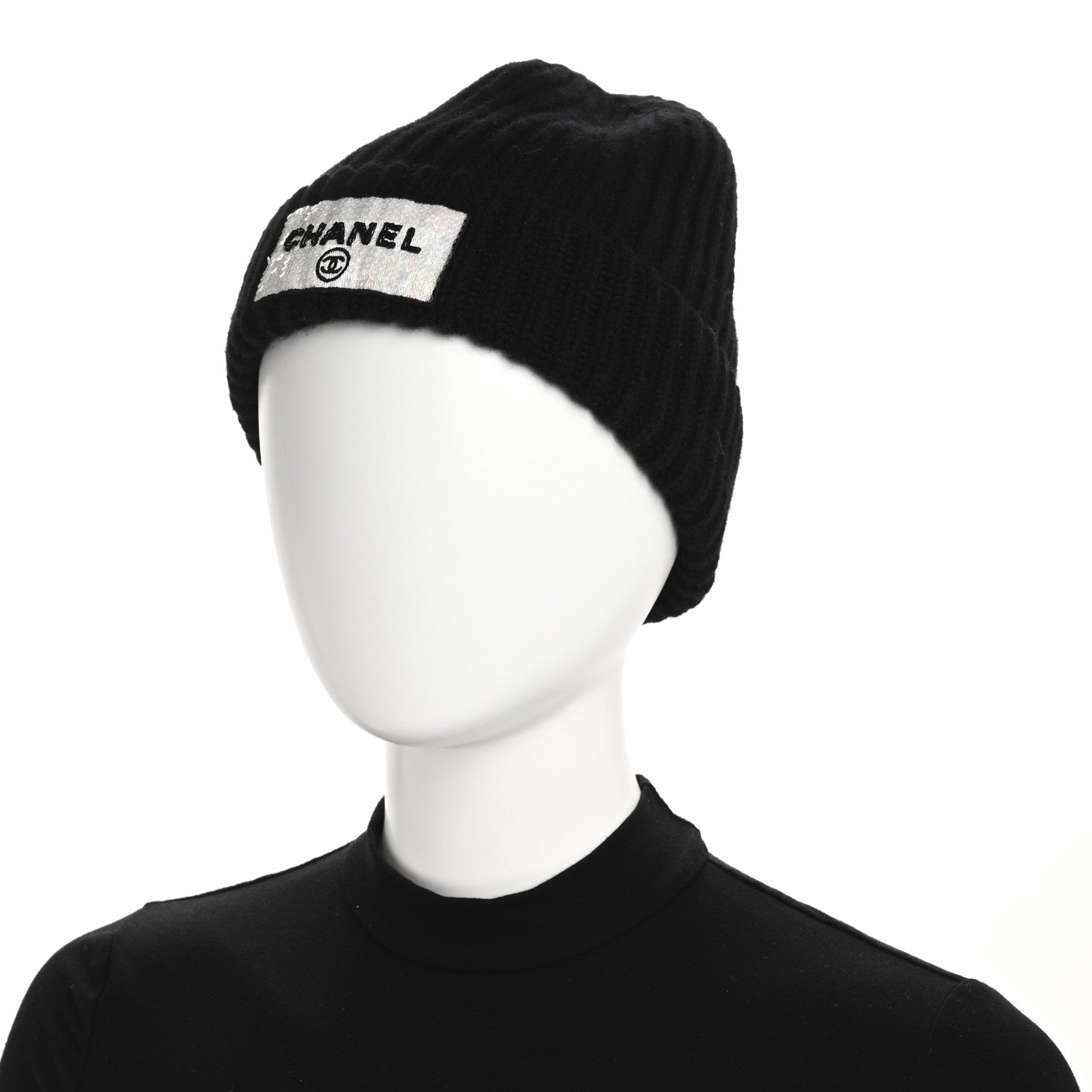 Chanel Cashmere Beaded Sequin Logo Beanie Hat Black 2 of 6