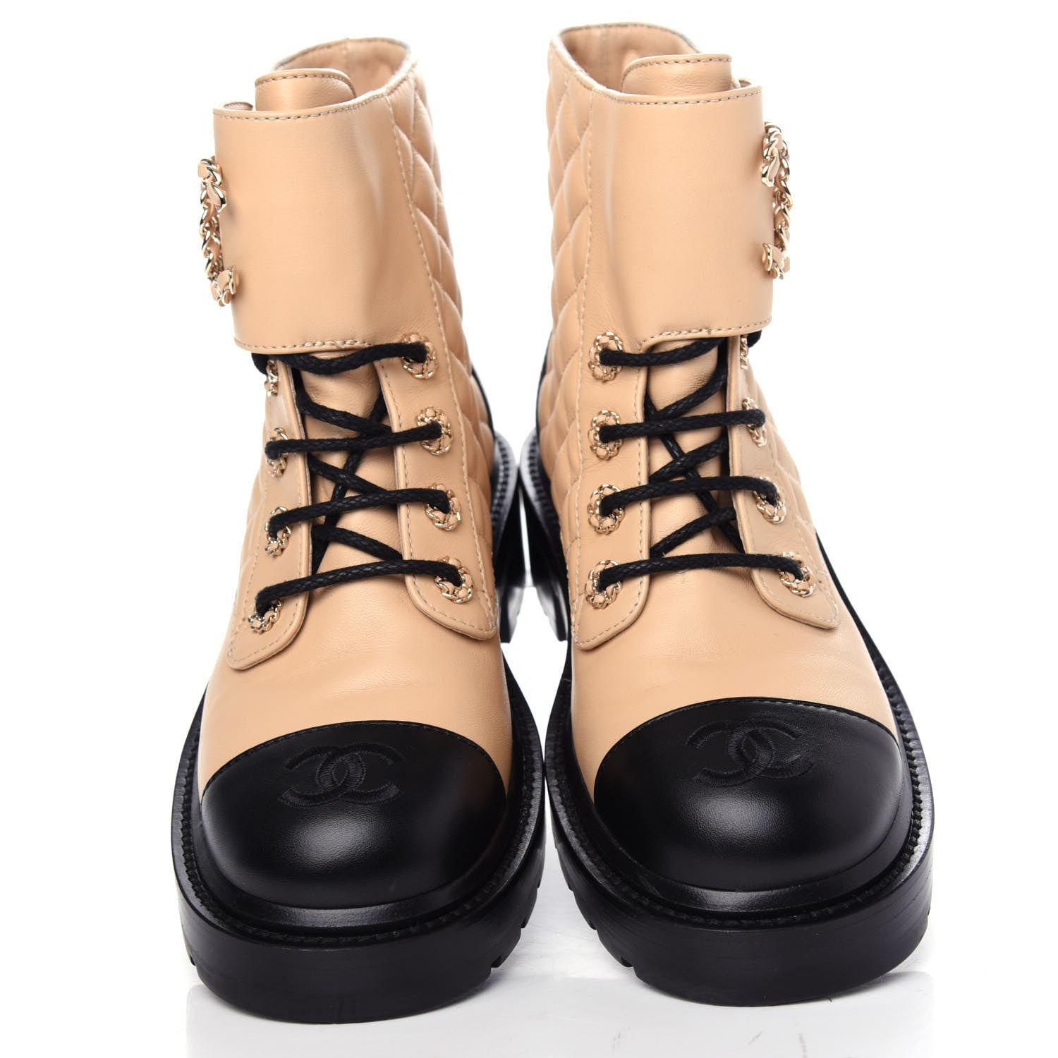 Chanel Lambskin Calfskin Quilted Lace Up Combat Boots 36.5 Beige Black 5 of 13