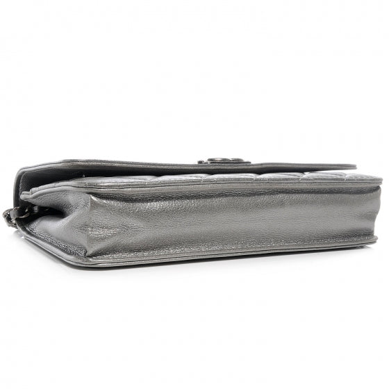 Metallic Calfskin Quilted Boy Wallet On Chain WOC Silver