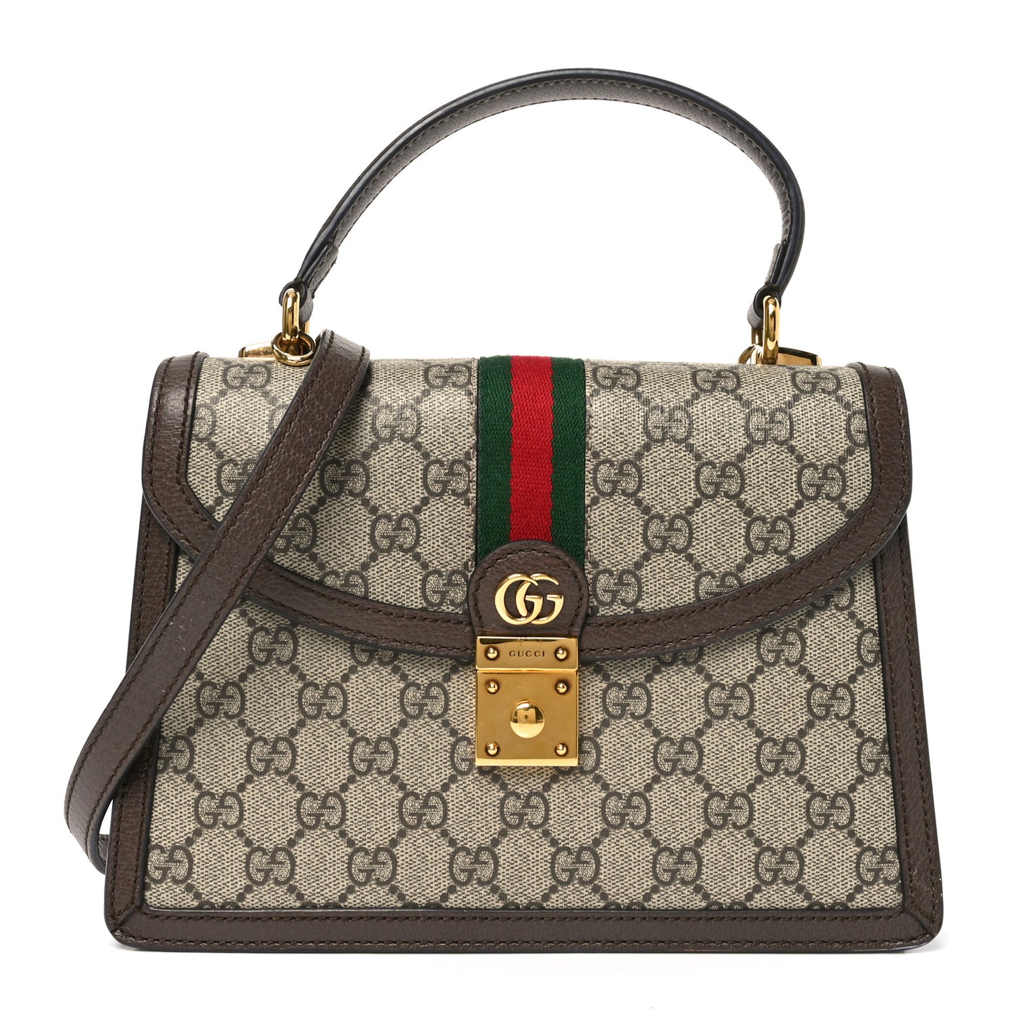 GG Supreme Monogram Textured Dollar Calfskin Web Small Ophidia Padlock Top Handle Bag Beige Ebony New Acero