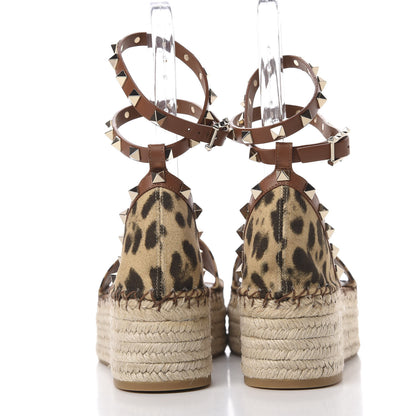 Valentino Garavani Canvas Leopard Print Rockstud Ankle Wrap Espadrille Flatform Sandals 39 Brown 7 of 10