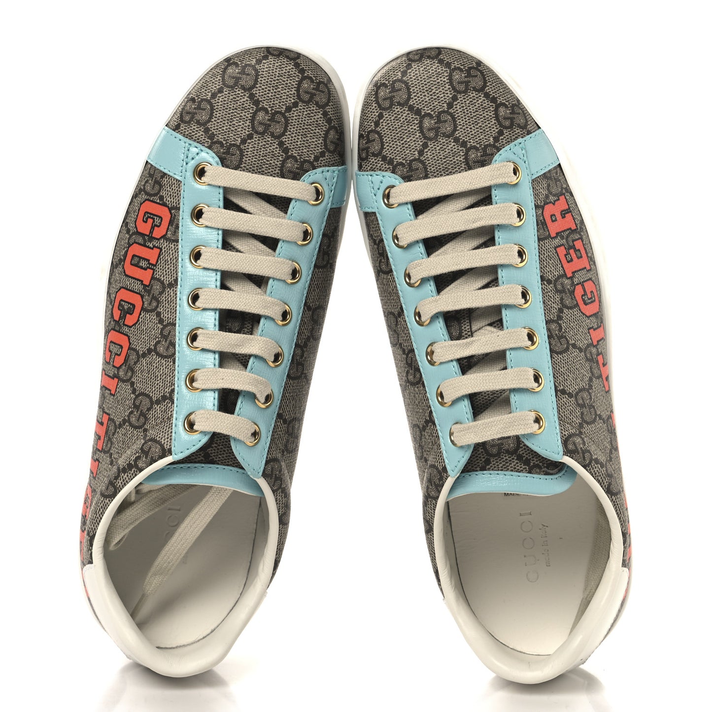 GG Supreme Monogram Gucci Tiger Womens Ace Sneakers 37.5 Beige Blue Red