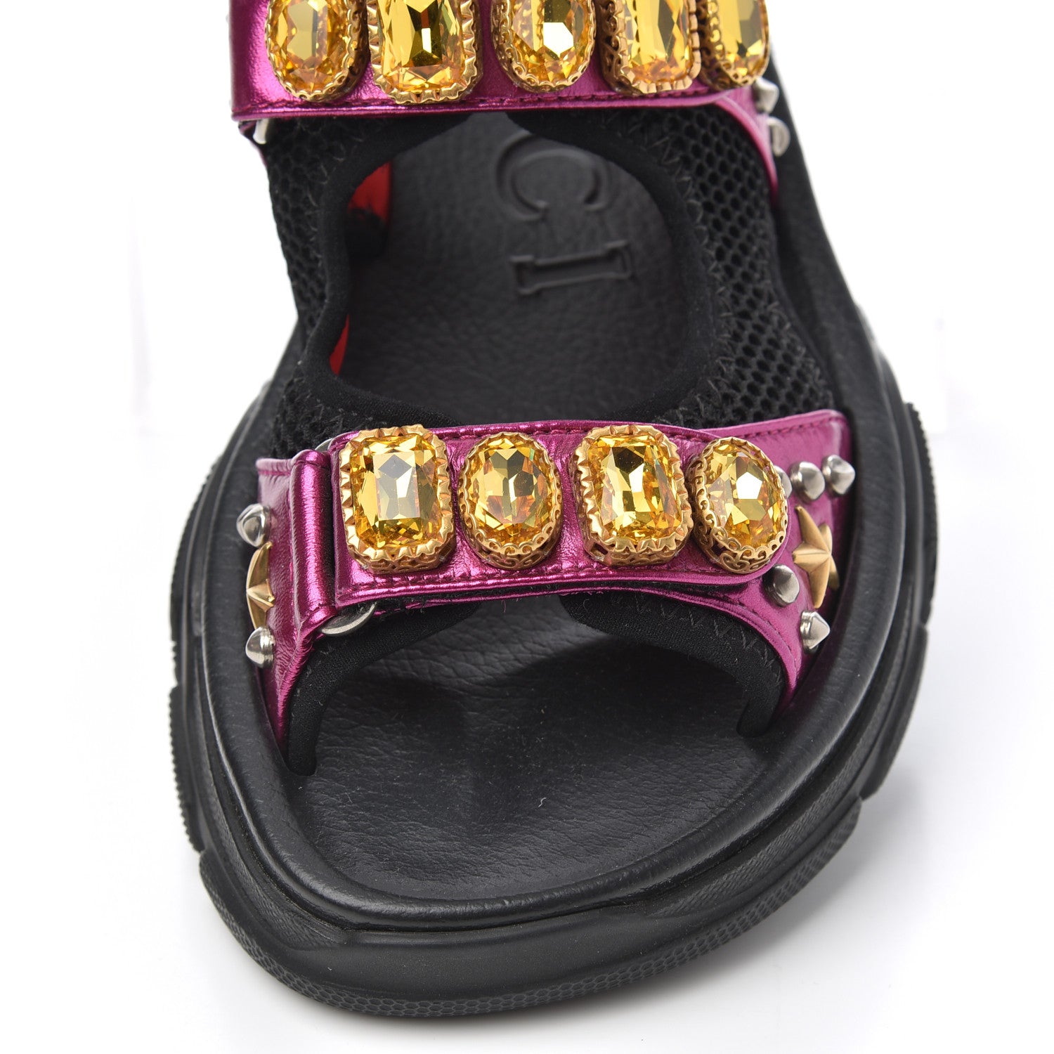 Gucci Nappa Mesh Crystal Embellished Studded Womens Aguru Sandals 37 Pink Black 5 of 15
