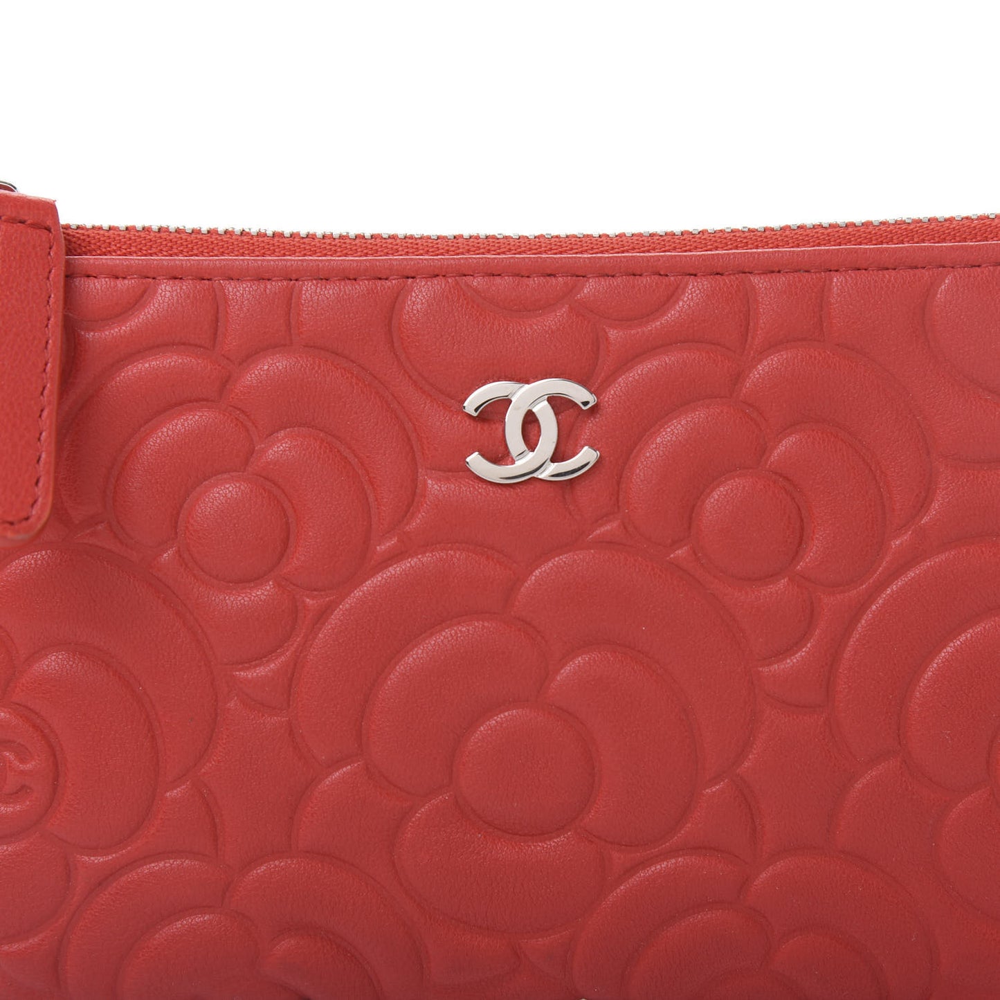 Goatskin Camellia Embossed Cosmetic Pouch Red