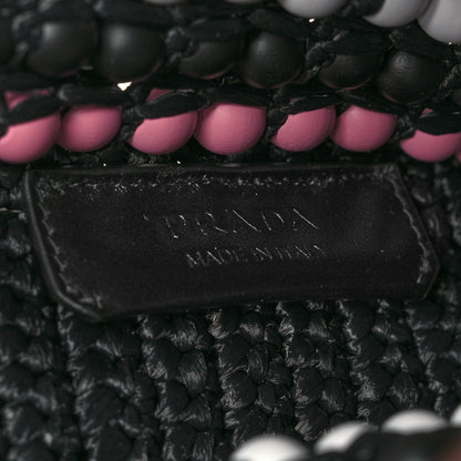 Prada Raffia Wood Bead Embroidered Logo Tote Bag Black 6 of 10