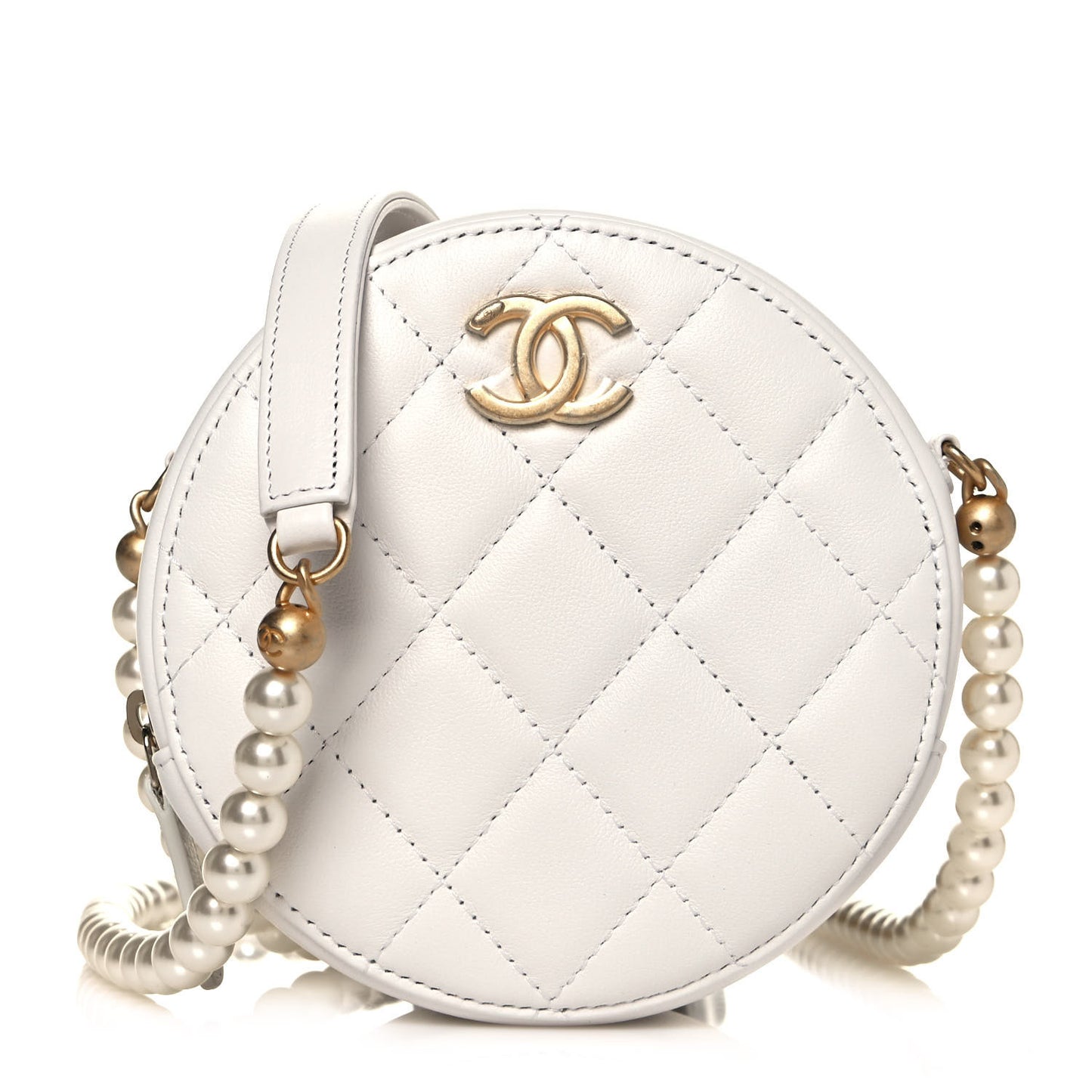 Calfskin Quilted About Pearls Round Clutch With Chain White